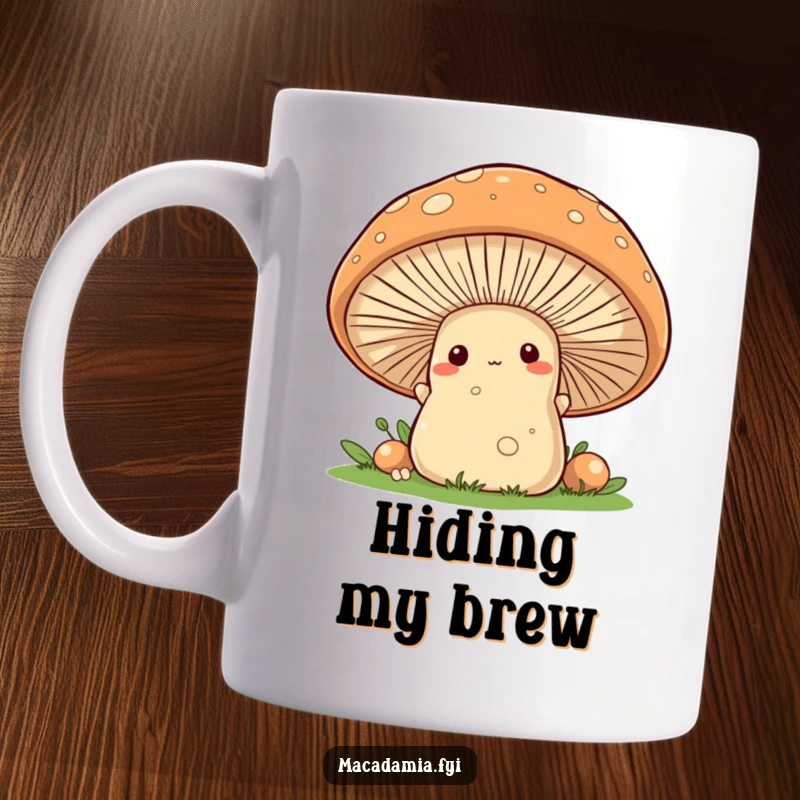 Funny macadamia nut character curiously peeking its head from behind a large, smiling, friendly mushroom.