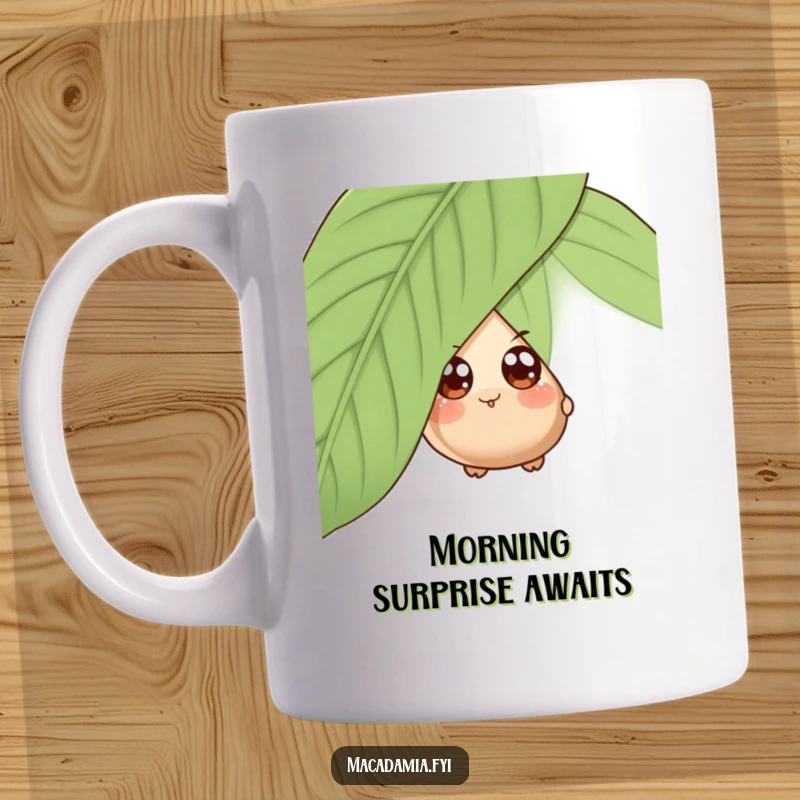 Funny mug with a wide-eyed macadamia nut character playfully peeking from behind a large, green leaf, expressing curiosity.