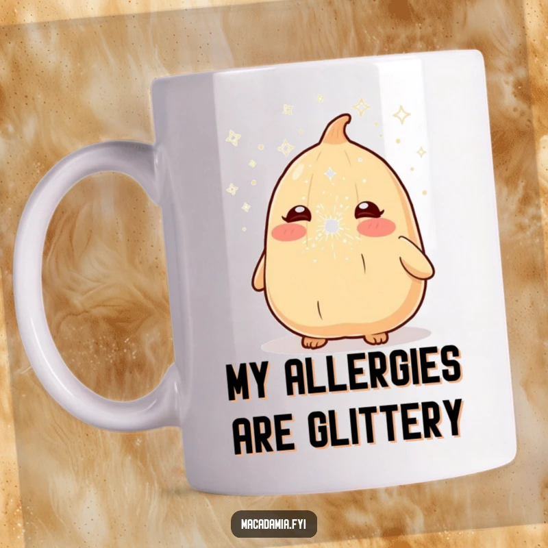 Funny macadamia nut character joyfully sneezing out a magical cloud of sparkling glitter dust on a white background.