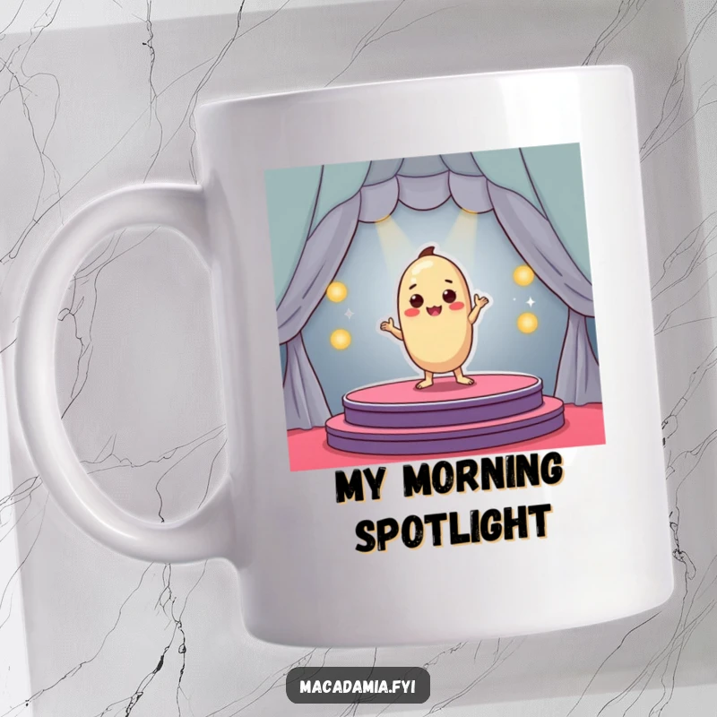 Funny macadamia nut character dramatically posing on a tiny colorful stage, mug design, hilarious funny gift.