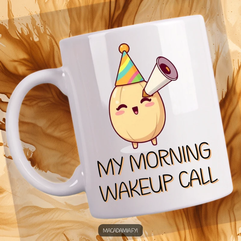 Funny macadamia nut in a party hat joyfully blowing a giant party horn, celebrating with nutty enthusiasm on a mug.