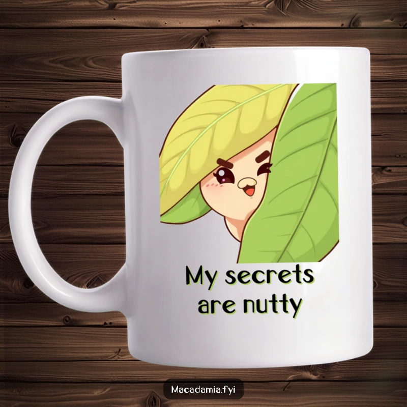 Funny Macadamia Nut Mug design featuring a mischievous nut peeking from behind a leaf, winking playfully.