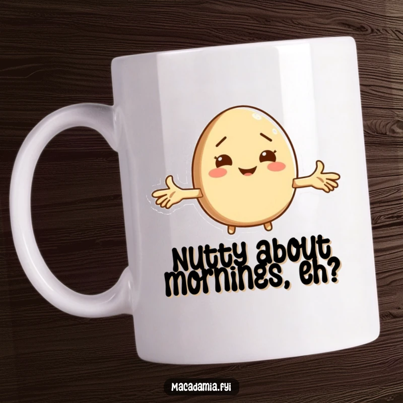 Funny macadamia nut character shrugging comically with arms outstretched, conveying humorous indecision on a ceramic mug.