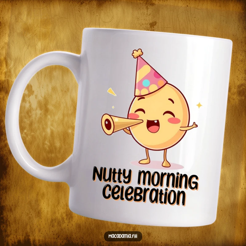 Funny mug showing a macadamia nut wearing a party hat and excitedly blowing a party horn, full of festive energy.