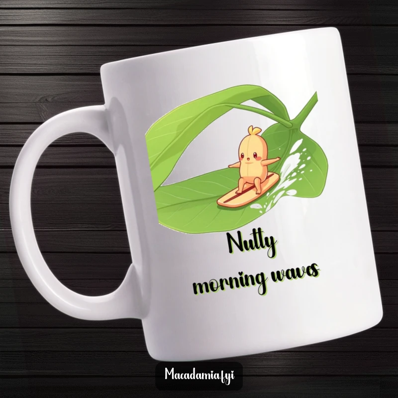 Funny Macadamia Nut character joyfully surfing on a giant green leaf, carried by a gentle breeze, perfect for beach lovers.