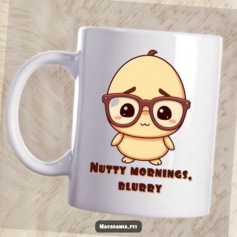 Funny Nut Mug: A macadamia nut character with oversized glasses looks confused but amused, perfect for a humorous coffee or tea break.