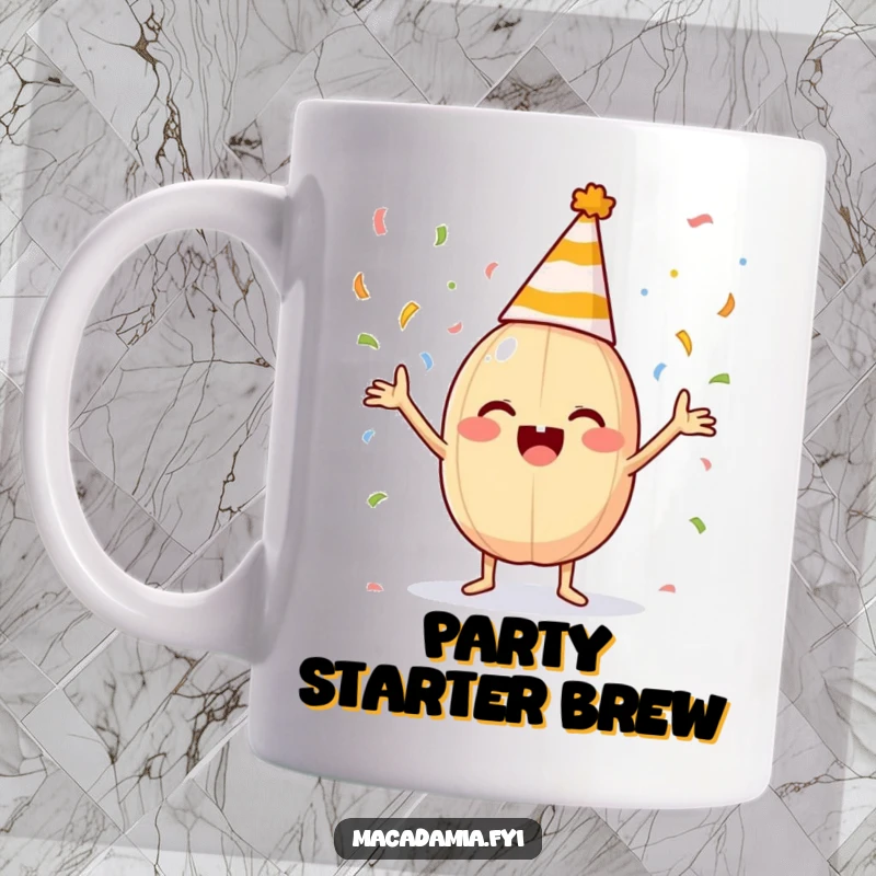 Funny macadamia nut wearing a party hat excitedly tossing confetti with its small limbs on a mug.