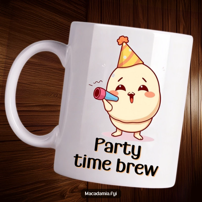 Funny macadamia nut mug featuring a cheerful character in a party hat, excitedly blowing a noisemaker with pure joy.