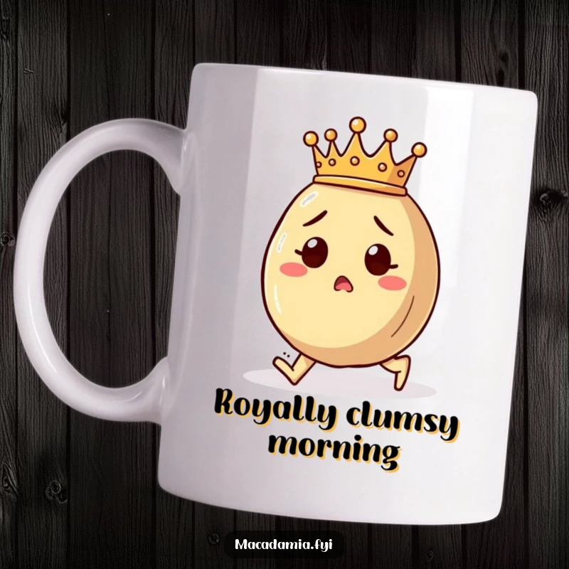 Funny macadamia nut mug with a tiny crown, tripping over its feet with a surprised expression, a comical royal blunder.