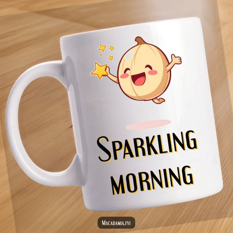 Funny macadamia nut doing a joyful jump with a star bursting around it on a coffee mug.