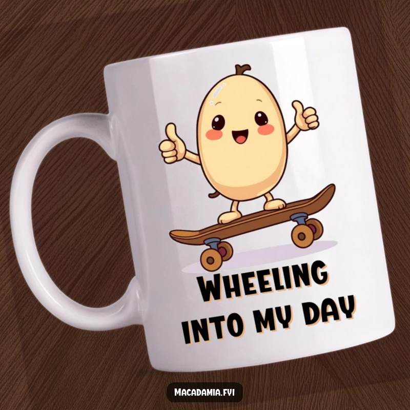 Funny mug with a kawaii macadamia nut giving a thumbs up while balancing on a skateboard, embodying cool confidence and cute positivity.