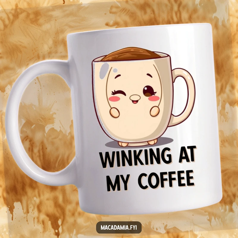 Funny mug with a macadamia nut character peeking mischievously from behind a large coffee mug, giving a charming wink.