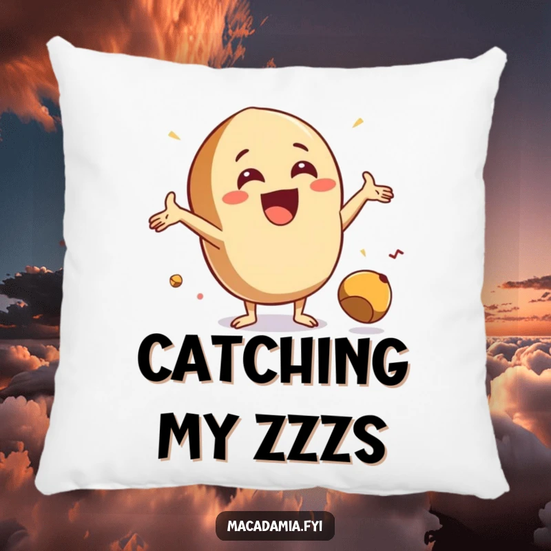 Funny Catch Nut Pillow featuring an excited macadamia nut with arms outstretched, ready to catch a falling nut, adding cheerful vibes.