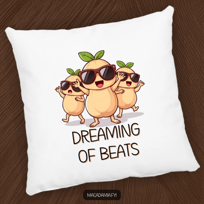 Funny macadamia nuts in sunglasses, dancing with joy, featured on a soft and squishy pillow.