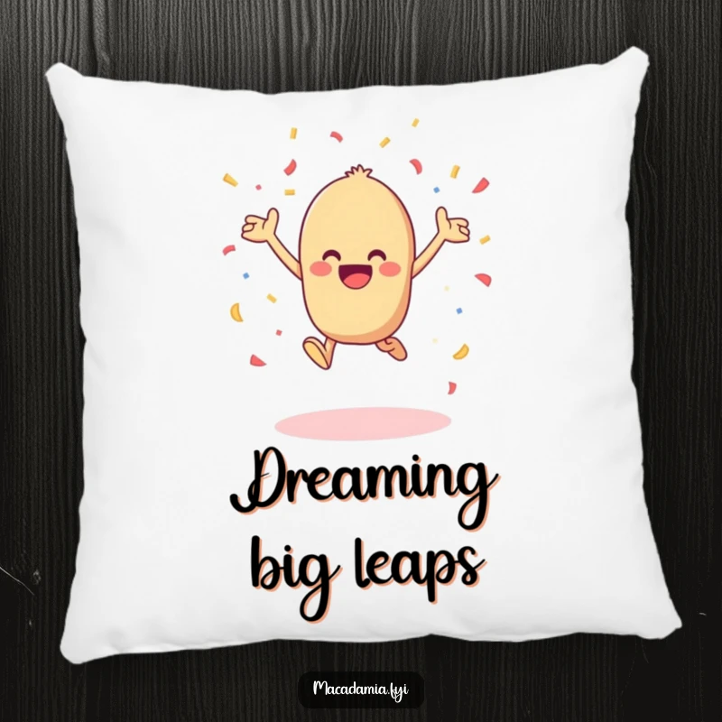 Funny kawaii macadamia nut leaping with joy and tossing confetti in the air, creating a comfortable and humorous accent pillow.
