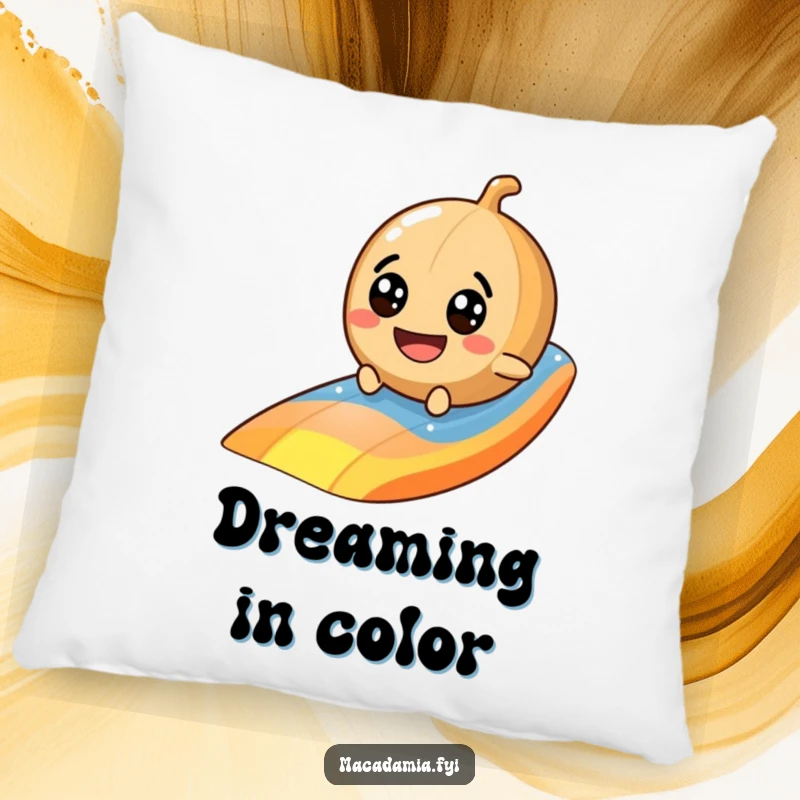 Funny macadamia nut pillow with a googly-eyed character sliding down a bright rainbow, offering comfort and humor.