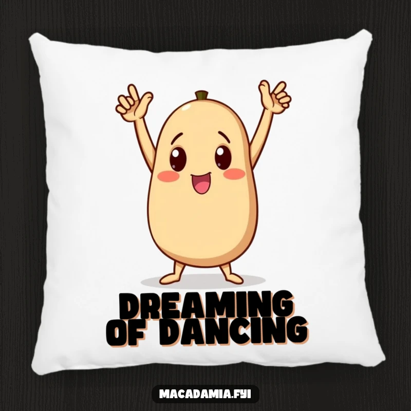 Funny macadamia nut character doing a triumphant dance on a cozy pillow, arms raised high in celebration, a delightful funny gift.