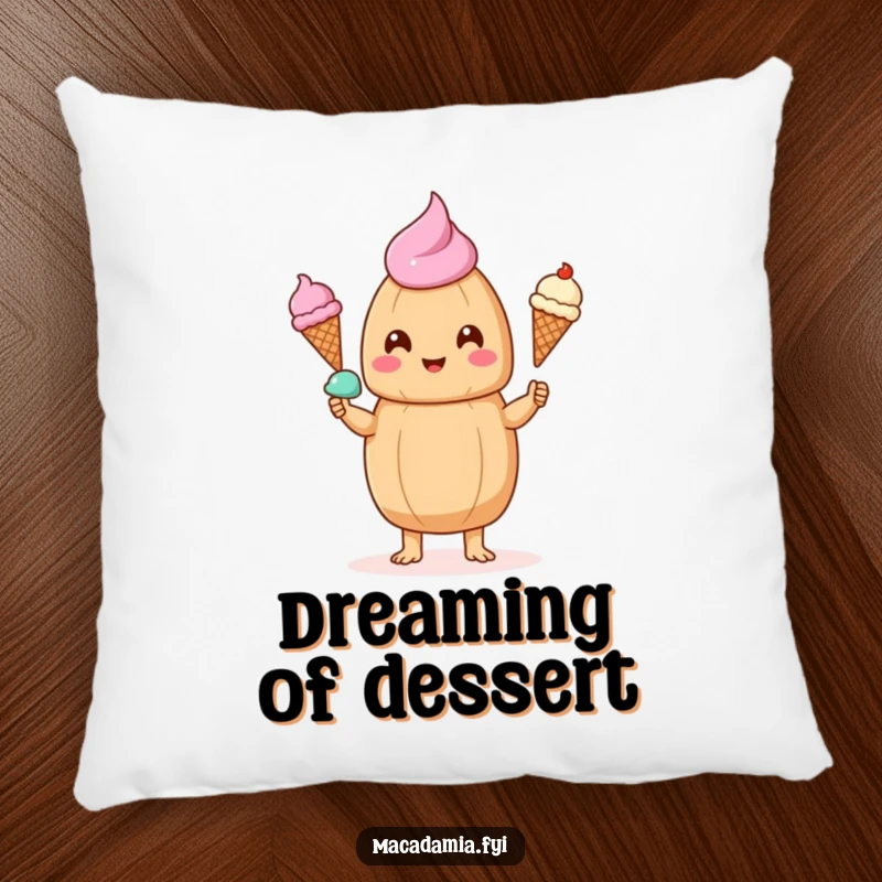 Funny kawaii macadamia nut juggling three delicious ice cream cones, creating a cozy and humorous accent pillow.