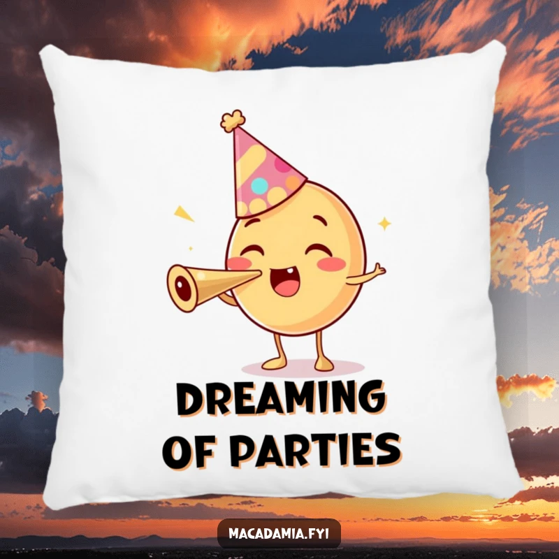 Funny decorative pillow with a macadamia nut character in a party hat, excitedly blowing a party horn, adding cozy festive cheer.