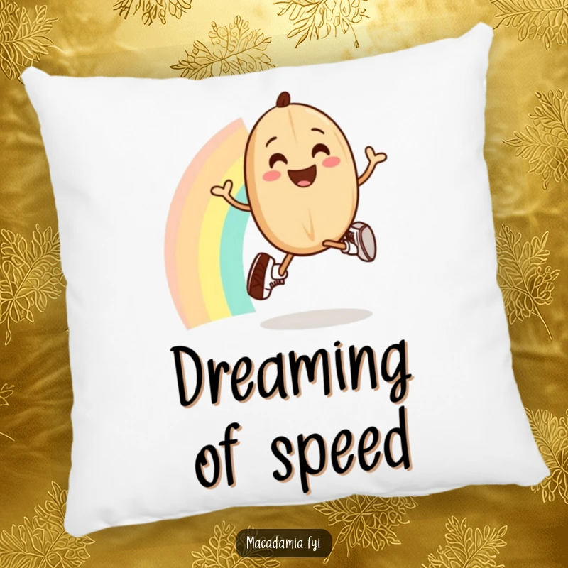 A plush pillow depicting a funny macadamia nut in running shoes jogging joyfully over a rainbow.