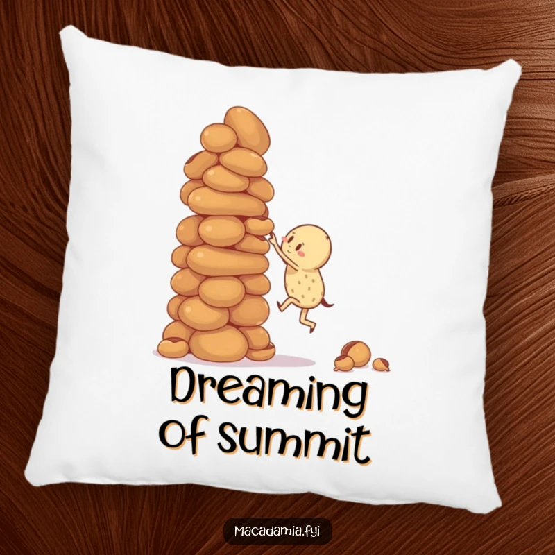 Funny decorative pillow featuring a macadamia nut character attempting to climb a giant, wobbly stack of macadamia nuts, perfect for cozy inspiration.