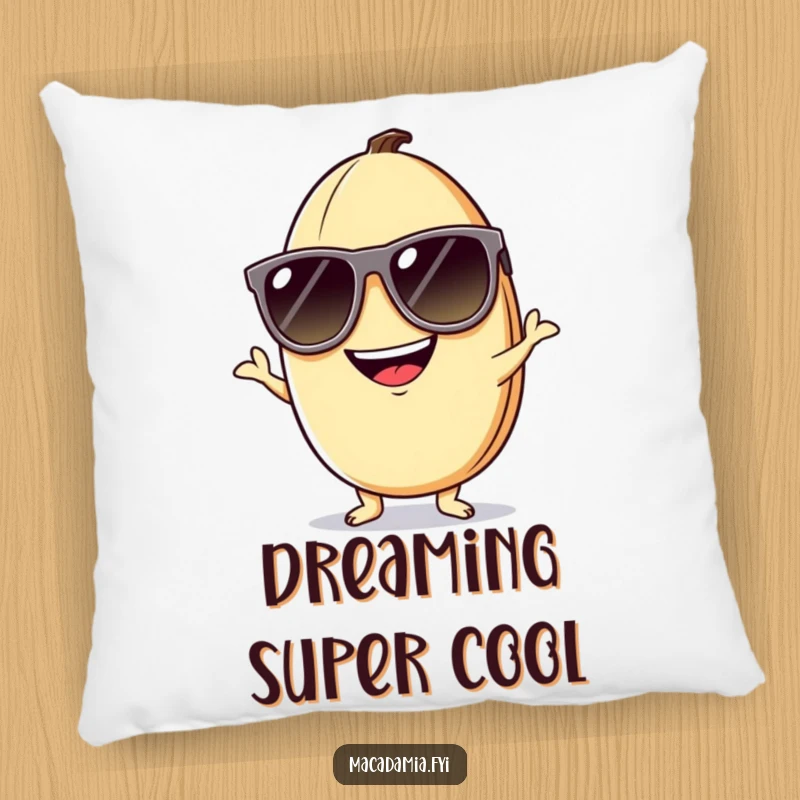 Funny macadamia nut pillow featuring a cool nut in oversized sunglasses with a silly grin, ready for cozy lounging.