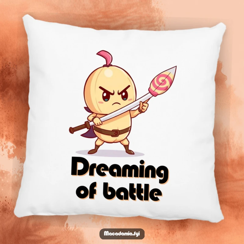 Funny macadamia nut pillow depicting a determined character wielding a lollipop as a sword, offering brave comfort.