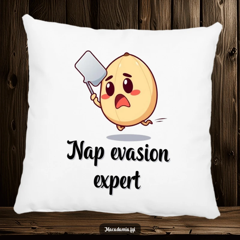 Funny Macadamia Nut Pillow featuring a surprised nut in a panic, dodging a flying spatula.