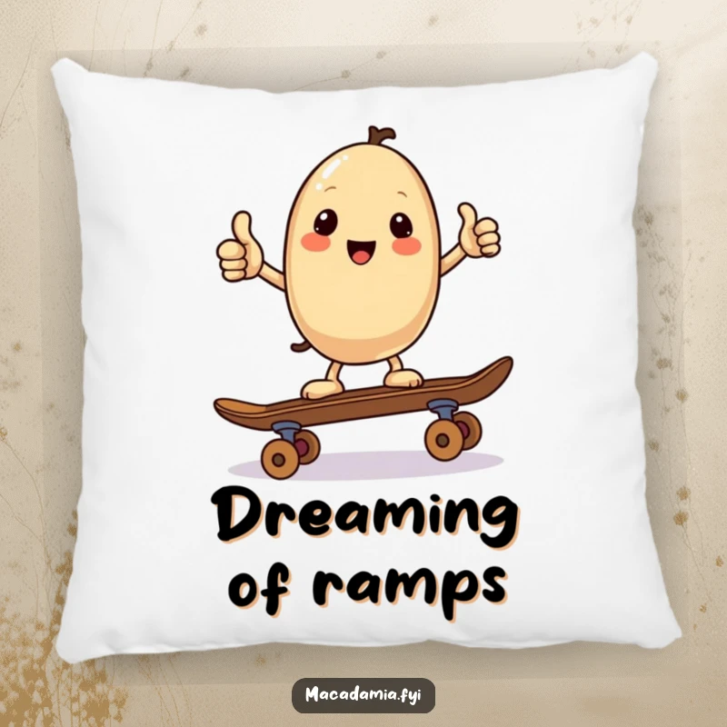 Funny pillow featuring a kawaii macadamia nut giving a thumbs up while balancing on a skateboard, providing cozy and cool humorous decorative flair.
