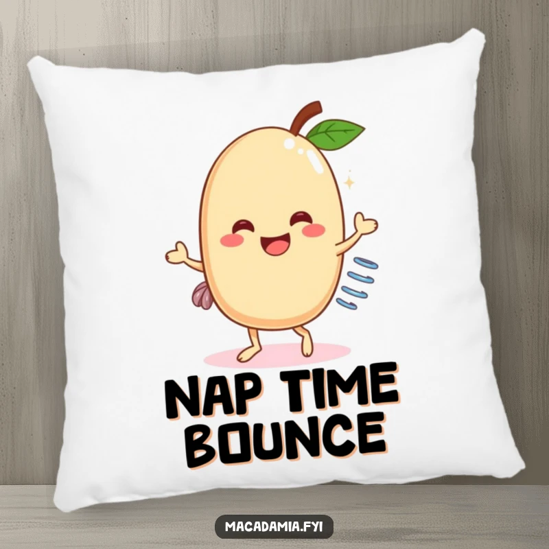 Funny Macadamia Nut Dancer Pillow: A happy macadamia nut with a spring performing a funny dance, perfect for adding humor to any couch.