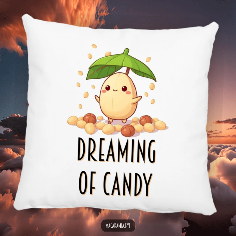 Funny macadamia nut character with leaf umbrella, enduring candy nut drizzle, soft pillow design for a funny gift.