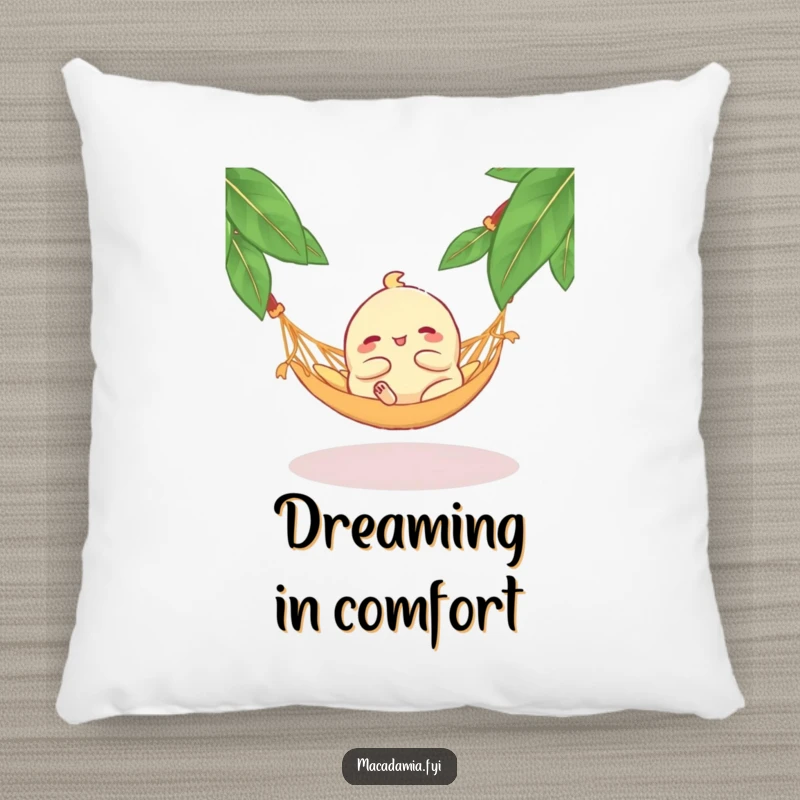 Funny Macadamia Nut Hammock Pillow: A blissful macadamia nut lounging on a tiny hammock, perfect for adding humorous comfort to sofas and beds.