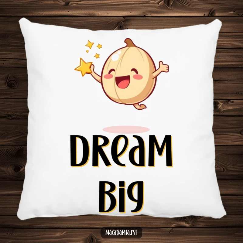 A plush pillow featuring a funny macadamia nut doing a joyful jump with a star bursting around it.