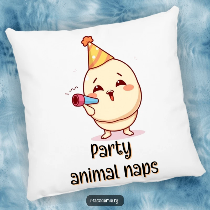 Funny macadamia nut pillow featuring a character in a party hat blowing a noisemaker, offering cozy comfort and festive flair.