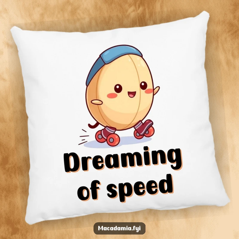 Funny macadamia nut pillow with a soft design, featuring a macadamia nut in tiny roller skates rolling downhill, adding comfort and humor.