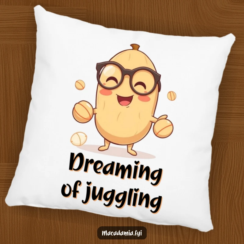 Funny pillow featuring a smiling macadamia nut wearing glasses, expertly juggling smaller nuts, bringing smart humor to decor.