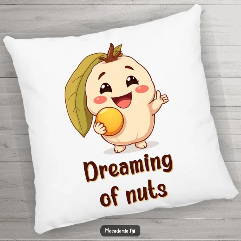 Funny pillow featuring a macadamia nut character with a triumphant grin, holding a golden macadamia nut, offering cozy and humorous nutty comfort.