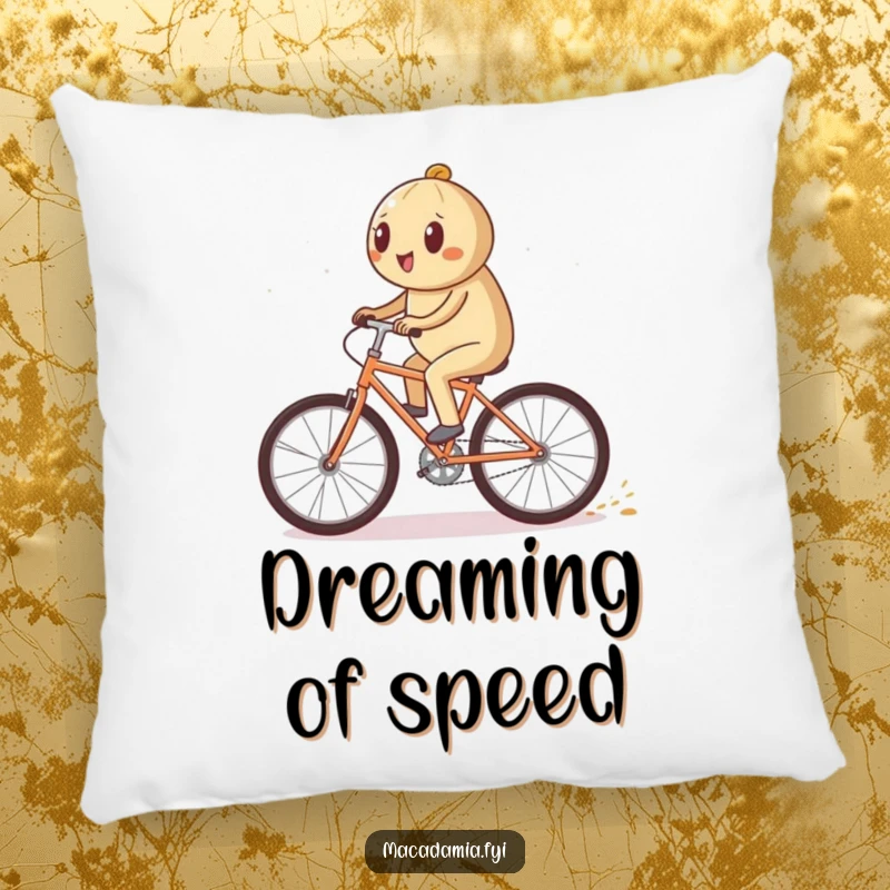 Funny macadamia nut character riding a bicycle quickly on a cozy pillow, leaving a sparkling trail, a magical funny gift.