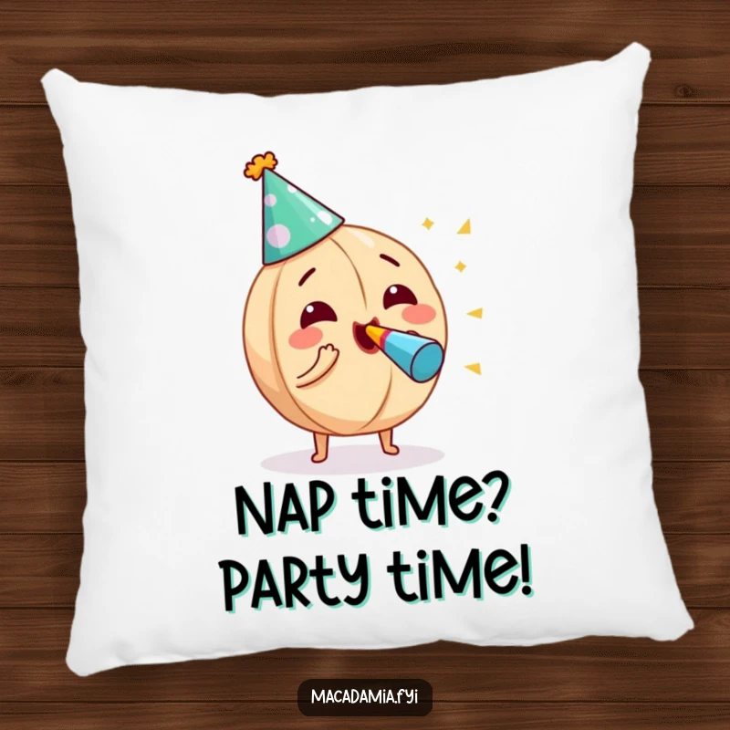Funny macadamia nut character, adorned with a party hat, blowing a noisemaker with infectious enthusiasm on a soft pillow.