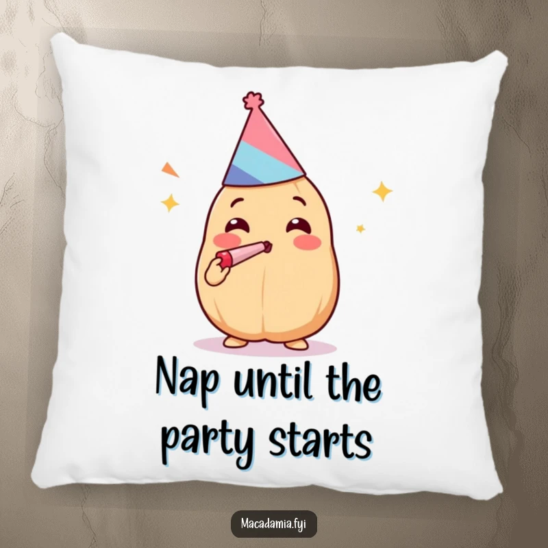 Funny Kawaii macadamia nut blowing a noisemaker in a party hat, depicted on a soft, comfy pillow.