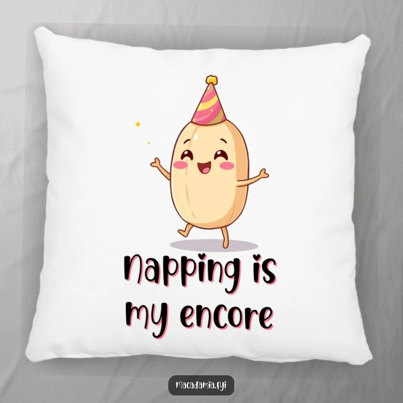 Funny macadamia nut pillow featuring a happy dancing nut in a party hat, bringing cozy celebration vibes.