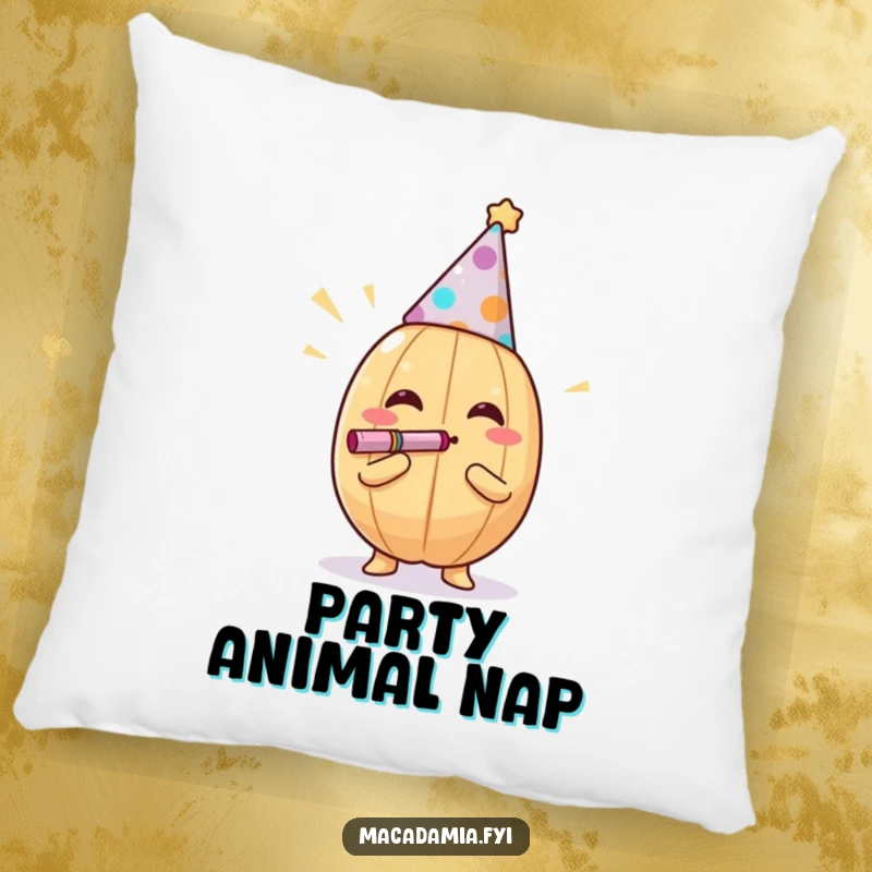 Funny macadamia nut blowing a noisemaker on a soft pillow, adding festive decor, a funny gift.