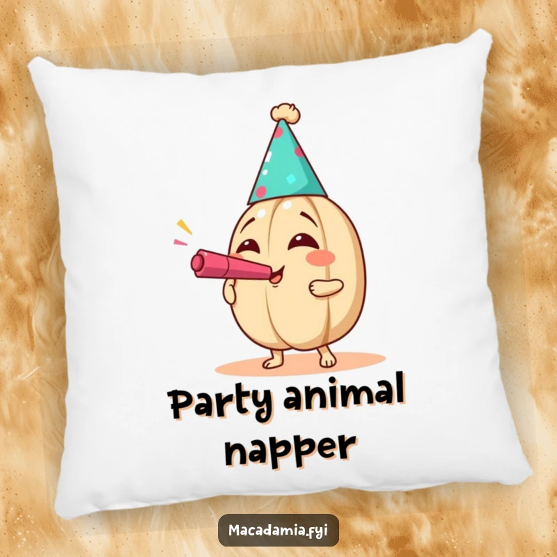 Funny Party Nut Pillow featuring a macadamia nut in a party hat blowing a noisemaker with exaggerated joy, providing festive comfort.