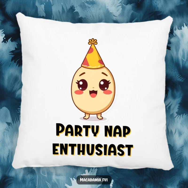 Funny decorative pillow featuring a macadamia nut character with wide, excited eyes wearing a tiny party hat, perfect for festive spaces.