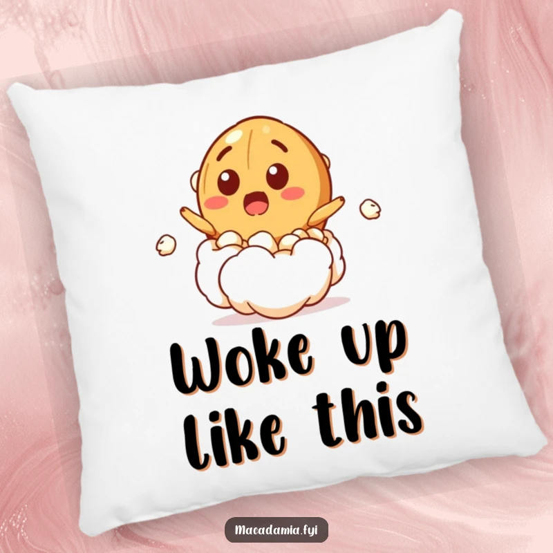 Funny pillow featuring a macadamia nut character bursting from a popcorn kernel with a surprised grin, adding playful humor to decor.