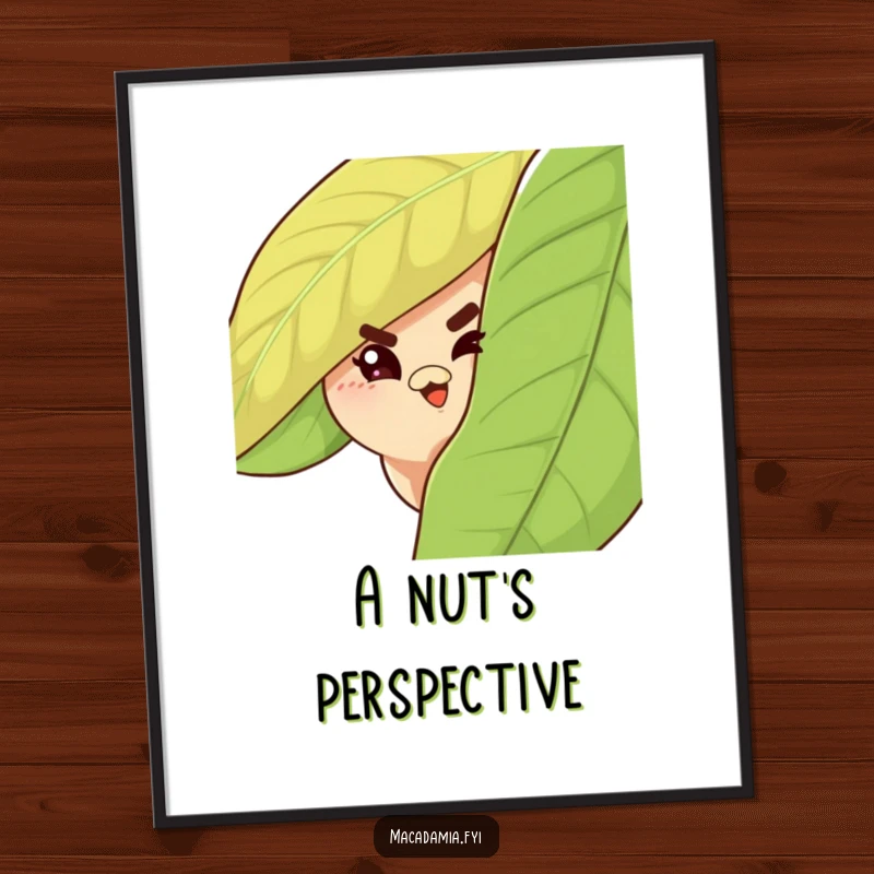 Funny Macadamia Nut Digital Art Print of a cute nut peeking from behind a leaf with a mischievous wink.