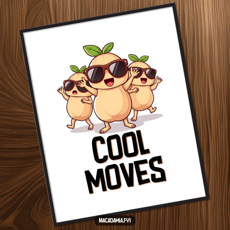 Funny macadamia nuts wearing sunglasses, dancing energetically, printable digital art for instant fun decor.