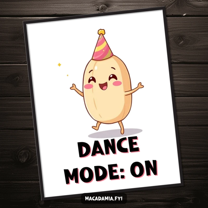 Funny macadamia nut digital art print showing a nut in a party hat dancing, ready to bring celebratory vibes.