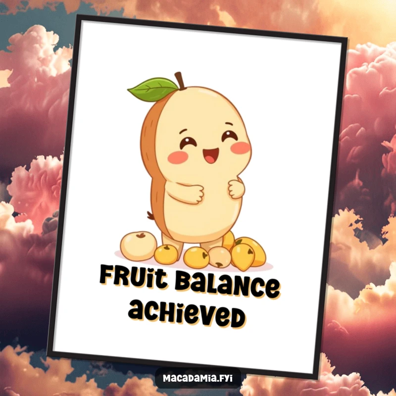 Funny macadamia nut giggling while balancing a stack of tiny fruits, as a printable digital art piece.