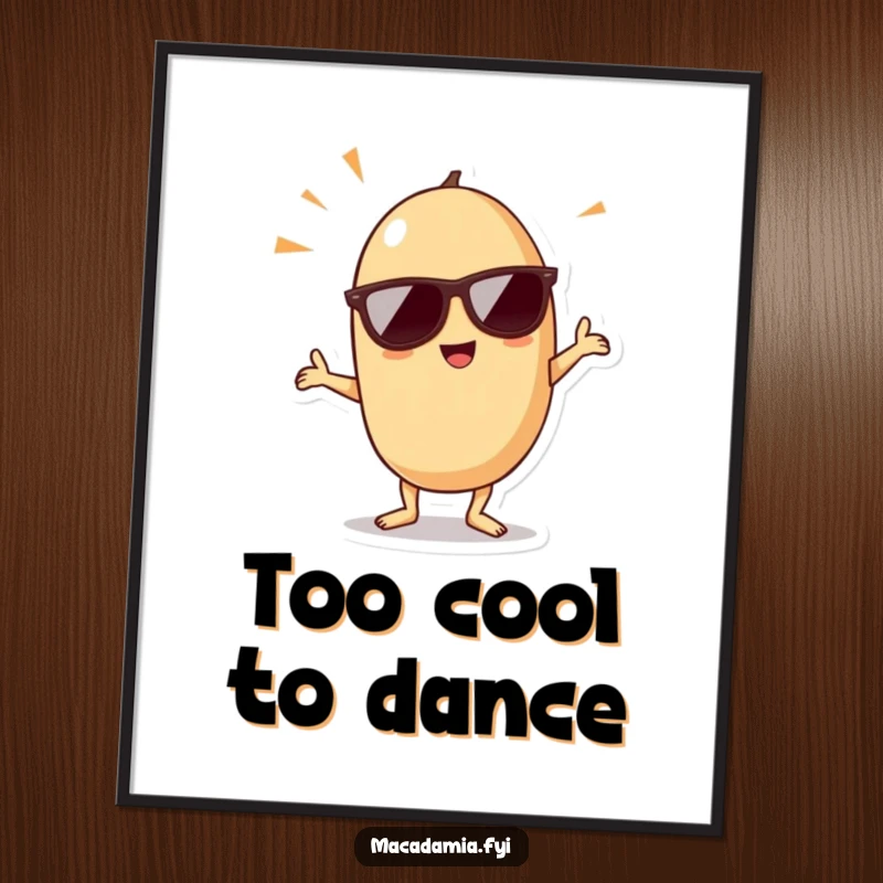 Funny kawaii macadamia nut wearing sunglasses and doing a dance pose, perfect as downloadable humorous digital art.
